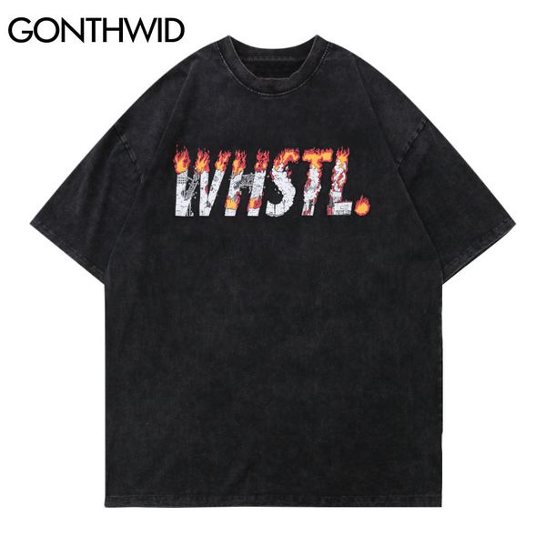 

gonthwid t-shirts hip hop fire flame burning building print distressed tshirts streetwear harajuku fashion short sleeve tee c0315, White;black