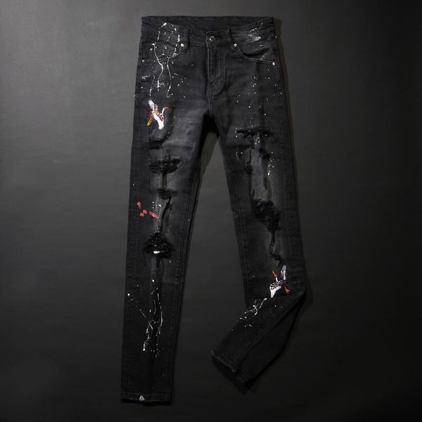 

men's jeans embroidery designer black slim ripped men painted hip hop punk pants american street style fashion, Blue