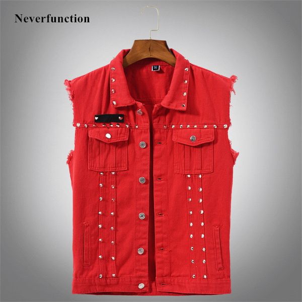 

hoodies men fashion red rivet cowboy denim vests male casual sleeveless motorcycle style jackets plus size, Black