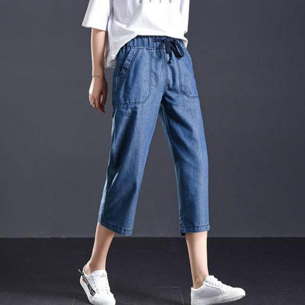 

women's jeans loose plus size high waist elastic female straight denim pants tencel cropped casual summer trousers women ta812, Blue