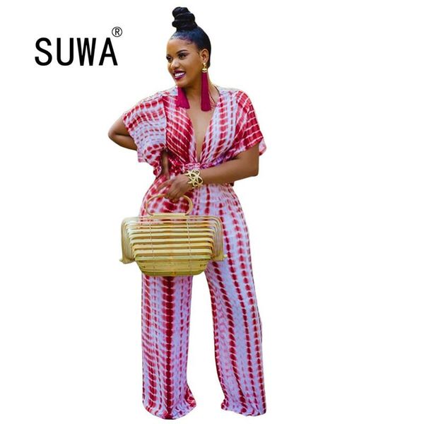 

women's jumpsuits & rompers 2021 office lady red white tie dye print loose wide leg jumpsuit bohemian style sumemr women high waist rom, Black;white
