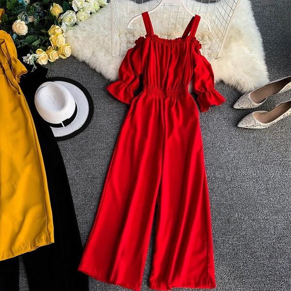 

women's jumpsuits & rompers fashion women 2021 summer wide leg casual solid color short sleeve high waist beach party long, Black;white