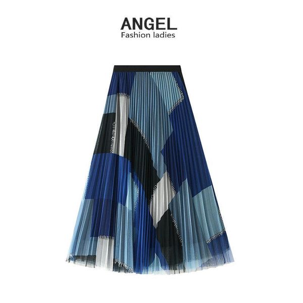 

ins fashion women long pleated mesh skirts spring, Black