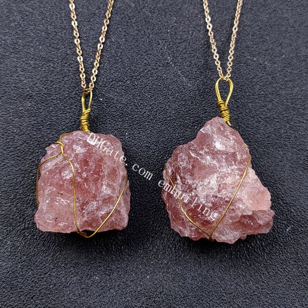 Natural áspero morango quartzo cristal pingente handmade cura reiki chakra ouro banhado a ouro envolto cru mineral irregular mineral semi precioso colar de pedras preciosas