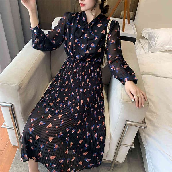 

women's chiffon dress with lining spring autumn long sleeve elastic waist bow single breasted pleated dresses female vestidos 210514, Black;gray