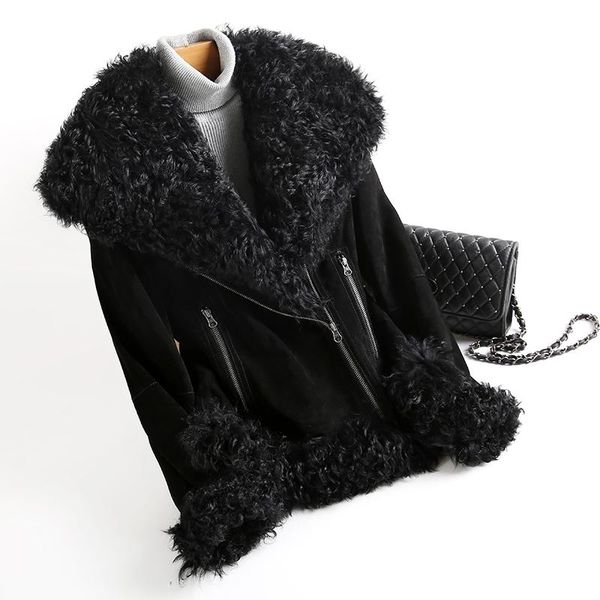 

women's fur & faux 2021 women real lambswool coat natural sheep parka winter jacket vintage fashion biker streetwear short, Black