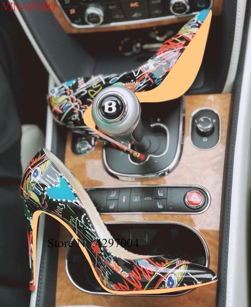 

dress shoes vinapobo 2021 arrival woman high heels spring wedding party women stiletto white graffiti colorful pumps, Black