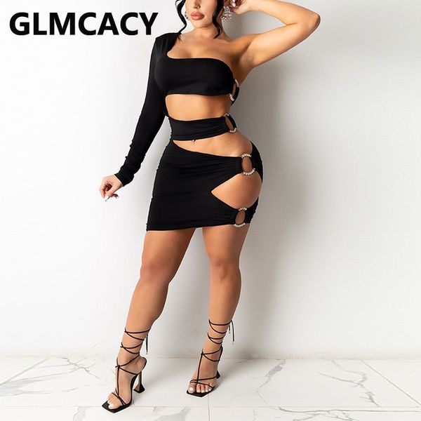 

women one shoulder cut out dress night club party bodycon mini dresses 210702, Black;gray