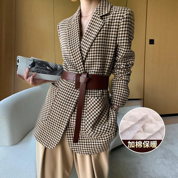 

houndstooth woolen blazer women's short section 2021 autumn and winter temperament all-match thick plaid suit wool & blends, Black