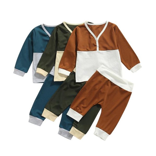 

clothing sets autumn 2pcs little boys outfit toddlers leisure style double color splicing long sleeve v-neck +long pants set fashion 6m-, White