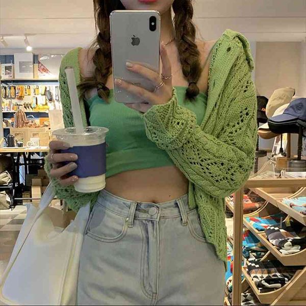 

green hollow out knitted cardigan 2 set women spring autumn cropped camisole short long sleeve camis ribbed suit, White;black