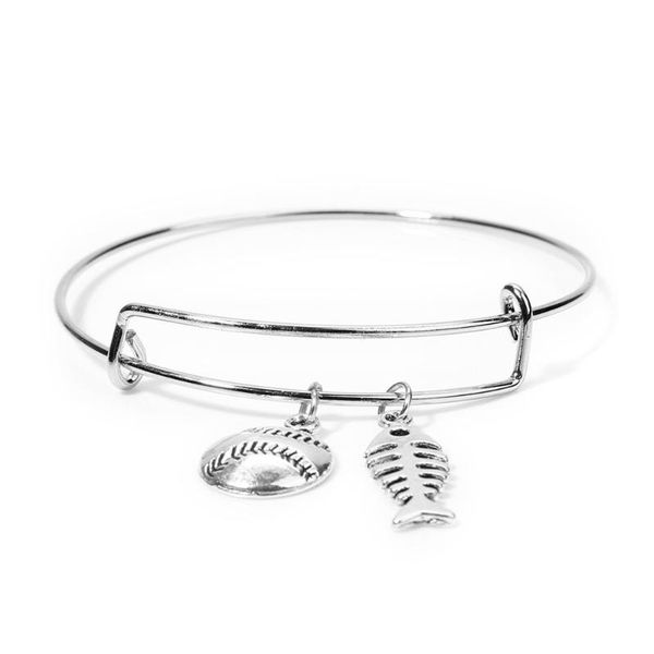 

brand fashion women adjustable stainless steel bangles bracelets baseball fish charm trendy silver bangle, Black
