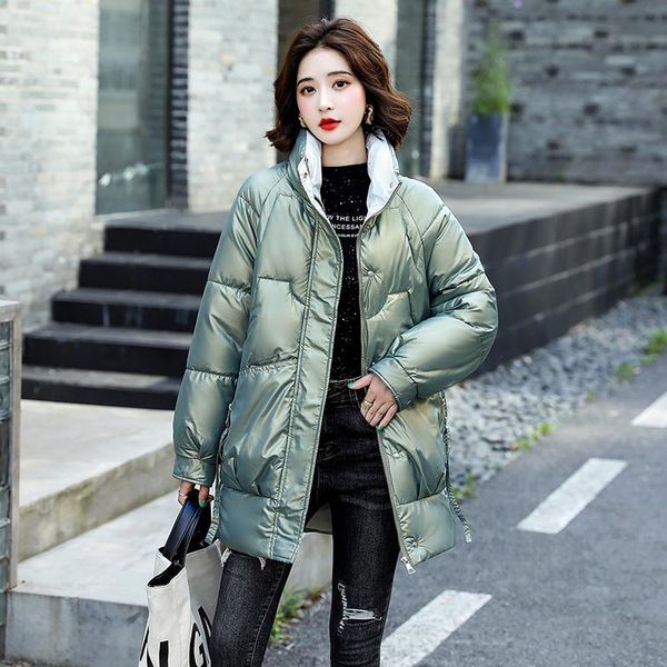 

women's down & parkas 2021 medium long glossy parkaparka thick warm winter jacket women casual loose stand collar parka coat female lei, Black