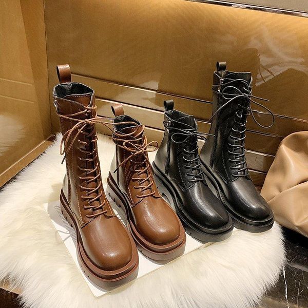 

boots women 2021 winter fashion lace up luxury retro round head ankle military boot platform brown black flat shoes