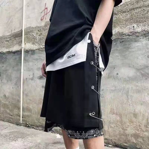 

high street breasted cashew flower five-point pants men and women drawstring two piece oversize casual summer shorts, Black