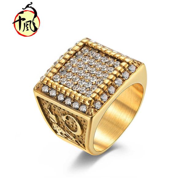 

aggressive star moon lone wolf men's ring titanium steel plated 18k gold full diamond hip hop fashion, Golden;silver