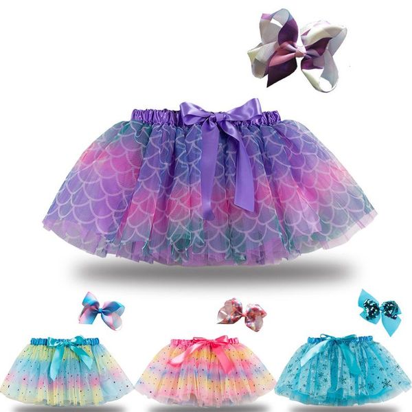 

(2y-11y) kids skirt girl rainbow star sequins printed net yarn tutu + bow hairpin set high-quality fashion 50* skirts, Blue