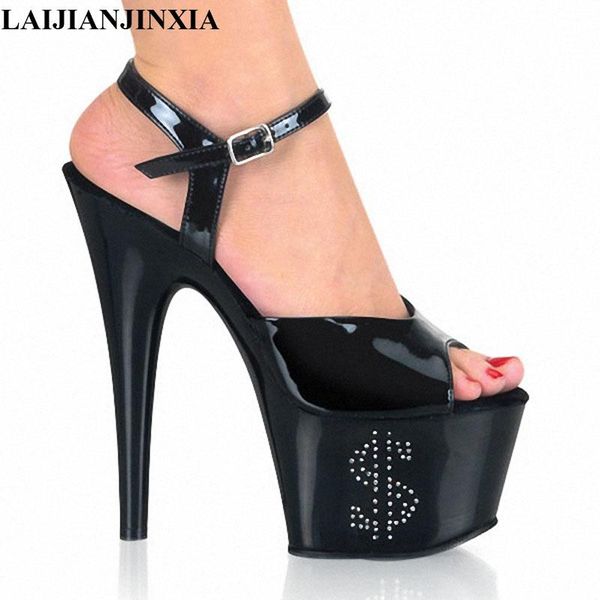

17cm high-heeled sandals crystal shoes model 7cm platform buckle strap pumps g-017, Black