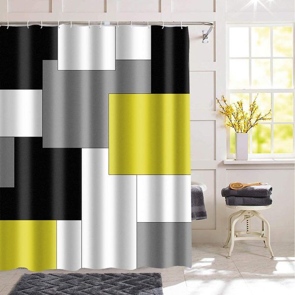 

yellow grey white geometric shower curtain square rectangle art abstract waterproof polyester fabric bath curtain with 12pcs