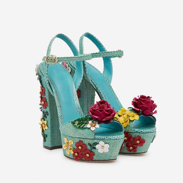 

luxury est platform high heel sandals chunky thick summer shoes women hand made rose on pumps dropship, Black