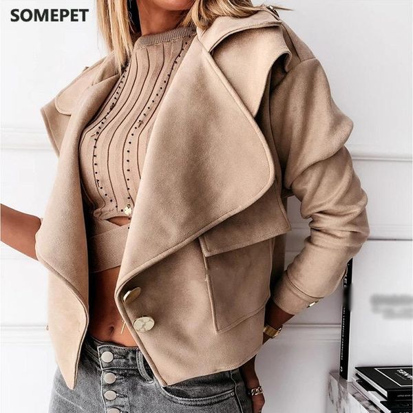 

autumn winter suede fashion jacket coat women turn down collar slim short jackets female streetwear casual ladies coats women's, Black;brown