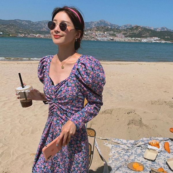 

casual dresses floral print summer dress women puff sleeve square collar vintage party lace up backless high waist pleated purple z415, Black;gray