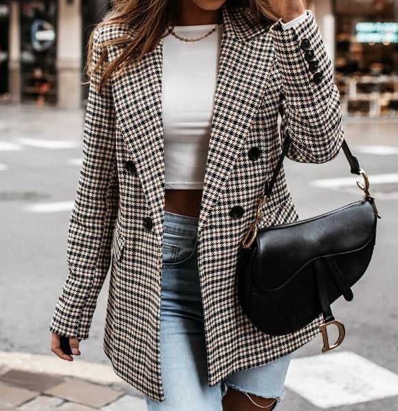

women's suits & blazers women plaid blazer with double-breasted pocket decoration color block spring and autumn clothing 2021 style hig, White;black