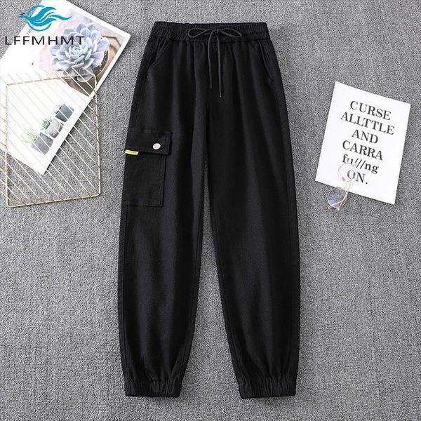 

995 spring fall 100kg womens pants large size elastic waist casual loose harem lady pockets patchwork overalls simple trousers, Black;white