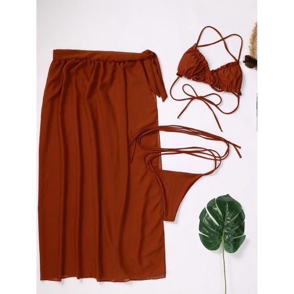 

women 3pcs bikini set halter bra thong swimsuit with brown mesh maxi skirt n58b two-piece suits
