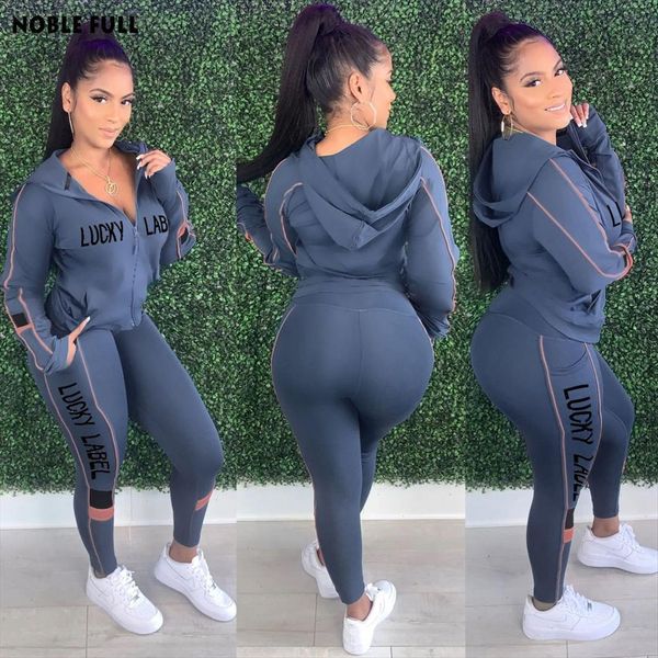 

lucky label print sports womens pants workout matching sets autumn long sleeve hooded jackets pockets biker 2 piece outfits, White