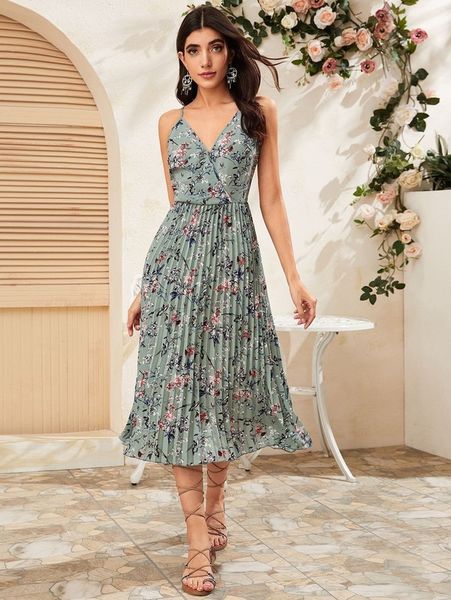

floral print pleated slip dress she, Black;gray