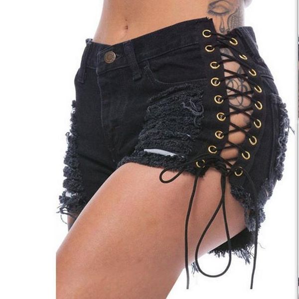 

ripped hole fringe black denim shorts women lace up casual pocket jeans 2021 plus size s-xxxl summer women's, Blue