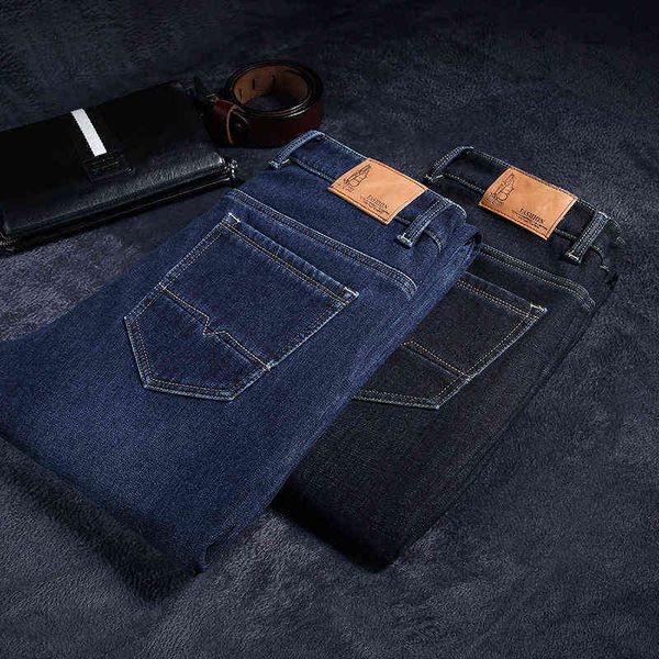 

high end busins plush thickened jeans men's winter warm slim straight elastic versatile pants, Blue