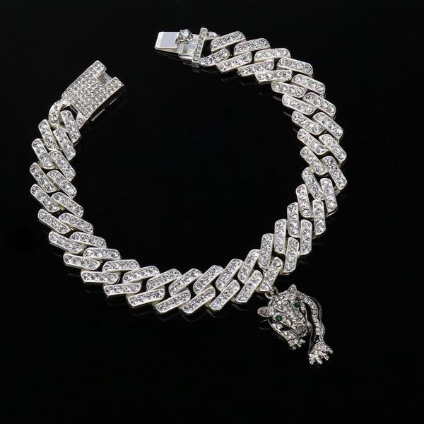 

link, chain 12mm hiphop men leopard bracelet charms pendant on hand christmas + stone micro pave cuban link fashion jewelry gift, Black