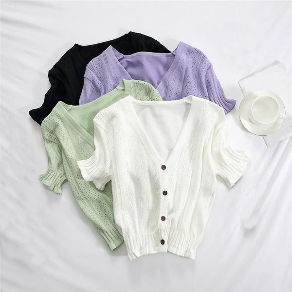 

women's t-shirt female 2021 summer fashion casual short sleeve v-neck knitted shirt cardigan solid hollow out thin loose- women, White