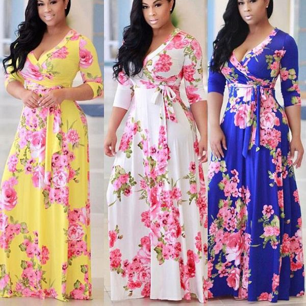 

female half sleeves maxi floral summer dress women print wrap long casual dresses, Black;gray