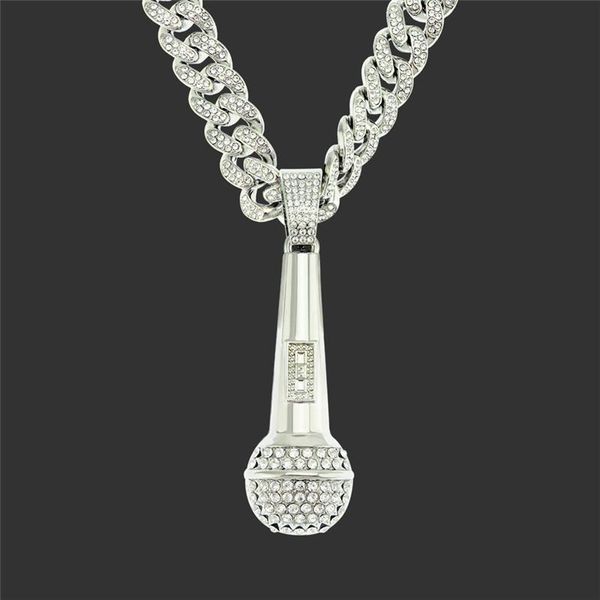 

pendant necklaces hip hop cubic zircon microphone & pendants with width 13mm iced out miami cuban link chain chunky choker, Silver