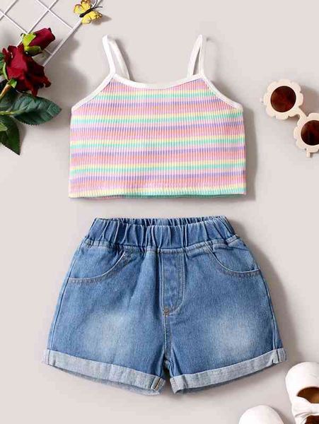 

baby girl striped cami & denim shorts she, Blue