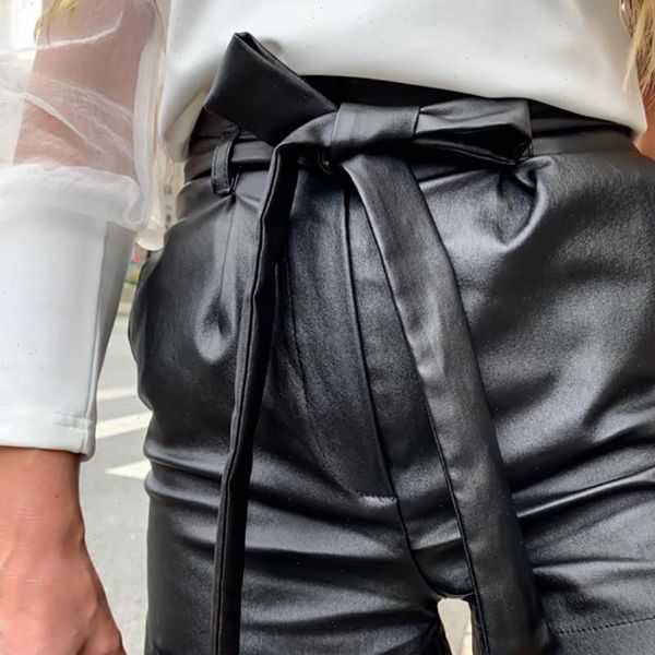 

women short black leather shorts england style pu high waist solid color bow tie wide leg with belt, White;black