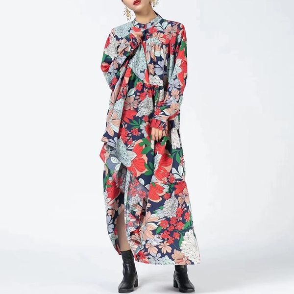 

casual dresses beach bohemian party loose maxi shirt plus size 2021 autumn floral print full sleeve dress, Black;gray