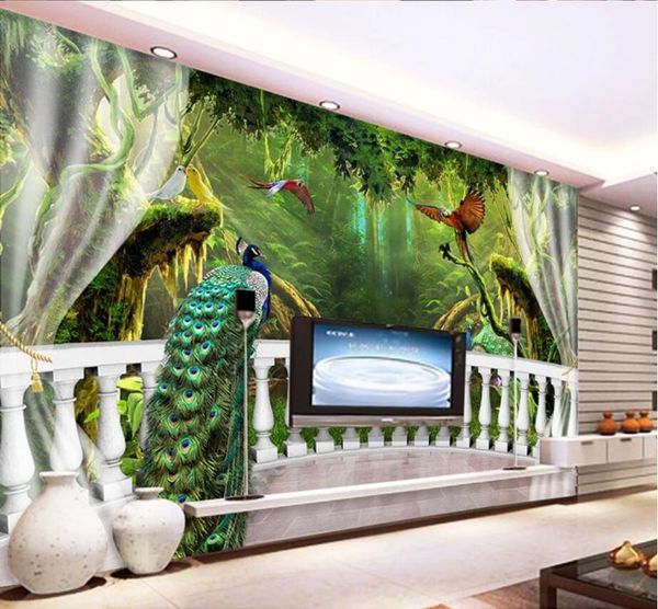 Benutzerdefinierte 3D Wandbild Wald Balkon Pfau Dekorative Malerei Hintergrund Wandpapiere Wohnkultur Papel de Parde Tapete