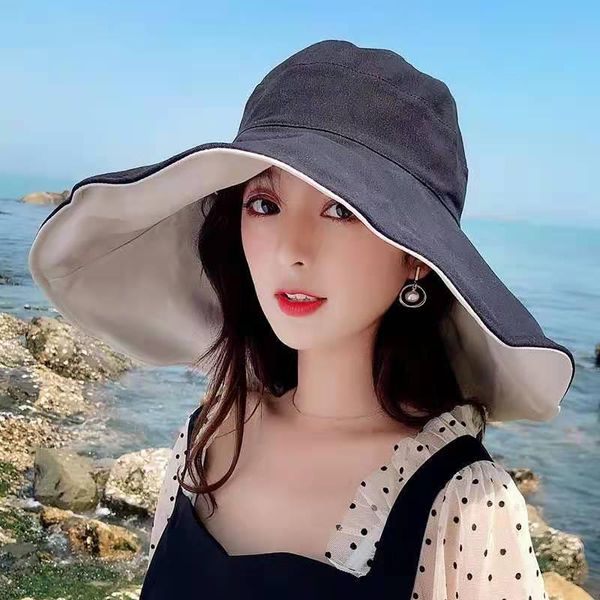 

cycling caps & masks large eith sunshade hat women sun protection solid color folding fisherman double side wear outdoor leisure basin, Black