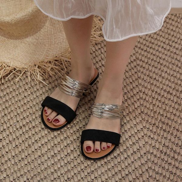 

slippers female metal flip-flops 2021 sandals womens shoes summer leisure rome flat one word with peep toe woman retro, Black