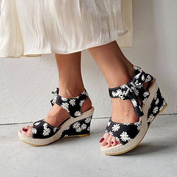 

slippers women sandals dot bowknot design platform wedge female casual high increas shoes ladies fashion ankle strap open toe, Black