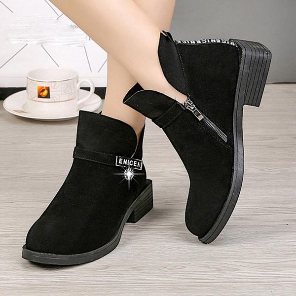 

boots british style ankle for women girls nice fashion round head bottom zipper low heel basic casual winter shoes, Black
