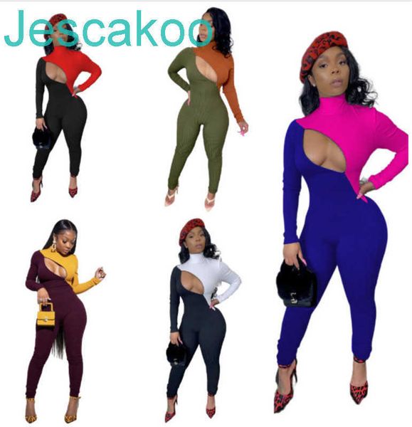 

designer women jumpsuit contrast color long sleeve rompers fashion slim ladies zipper long pant one piece clothing new, Black;white
