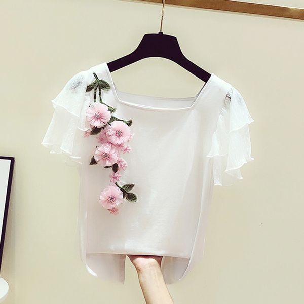 

tee summer shirt girl sweet 3d lotus leaf sleeves three-dimensional flowers embroidery square collar t-shirt women's, White