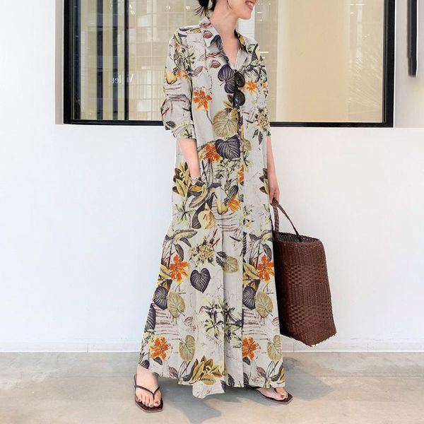 

casual dresses zanzea women vintage kaftan 2021 full sleeve robe retro floral printed long maxi swing shirt dress party vestidos femme, Black;gray