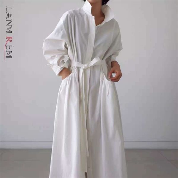 

loose large size dress spring summer long sleeve white es women fashion single breasted with belt 2d1648 210526, Black;gray