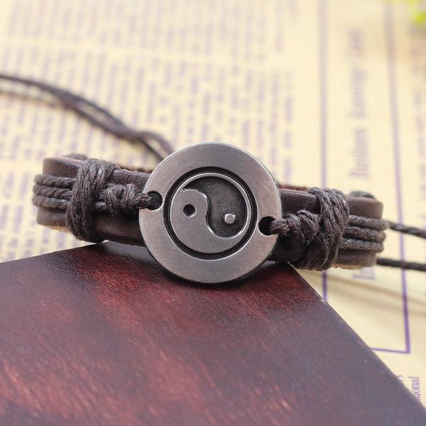 

charm bracelets leather braided cord chain bangle chinese yin and yang alloy pendant woven for men bracelet jewelry gift, Golden;silver